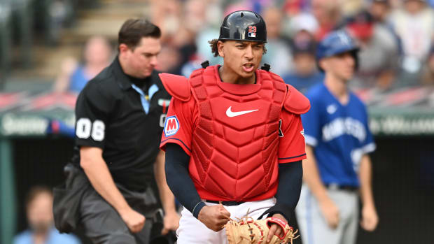 Jul 8, 2023; Cleveland, Ohio, USA; Cleveland Guardians catcher Bo Naylor (23) reacts after tagging out Kansas City Royals second baseman Nicky Lopez (not pictured) during the eighth inning at Progressive Field. Mandatory Credit: Ken Blaze-USA TODAY Sports